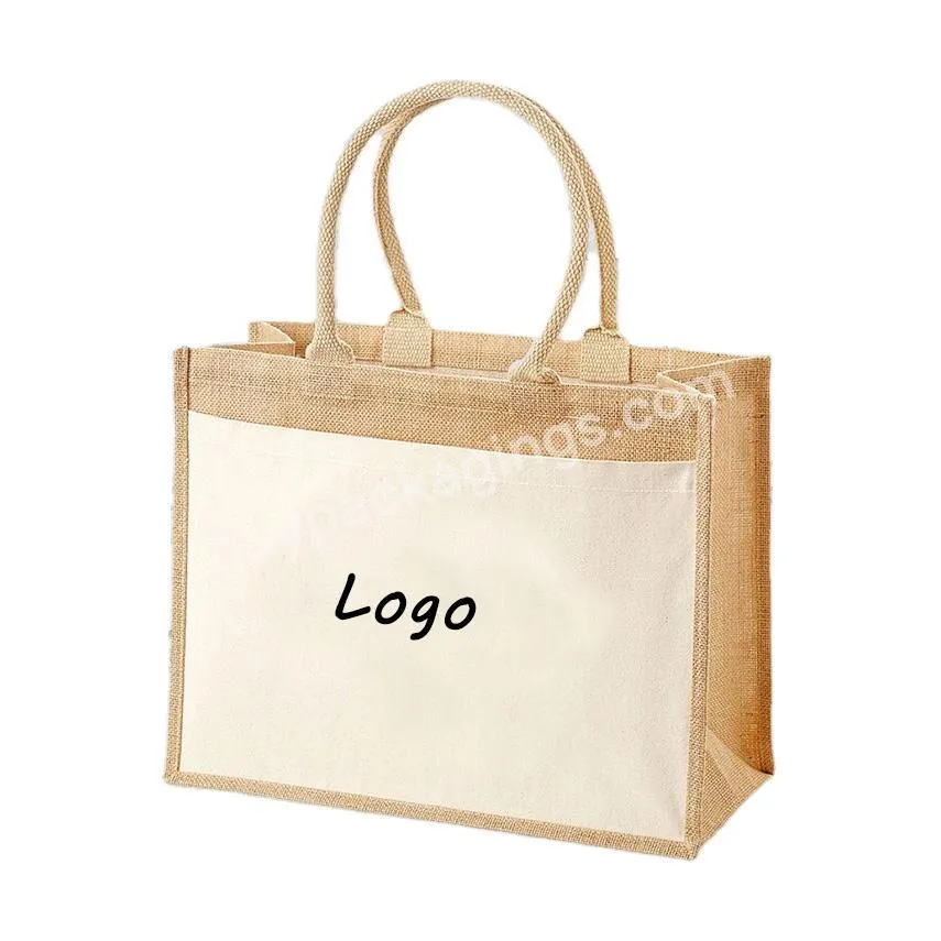 Custom Logo Khaki Jute Shopping Bag With Pocket Bridesmaid Tote Bag For Wedding Gift