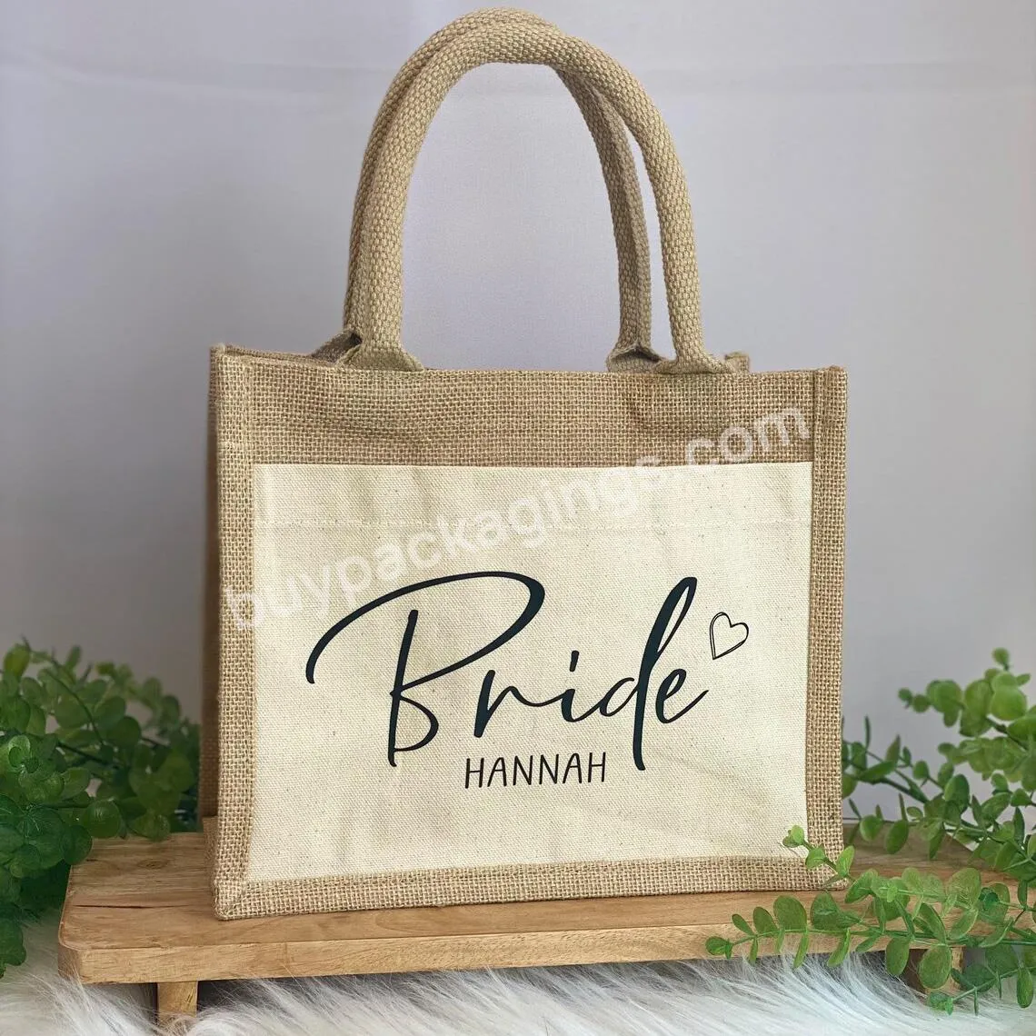 Custom Logo Khaki Jute Shopping Bag With Pocket Bridesmaid Tote Bag For Wedding Gift