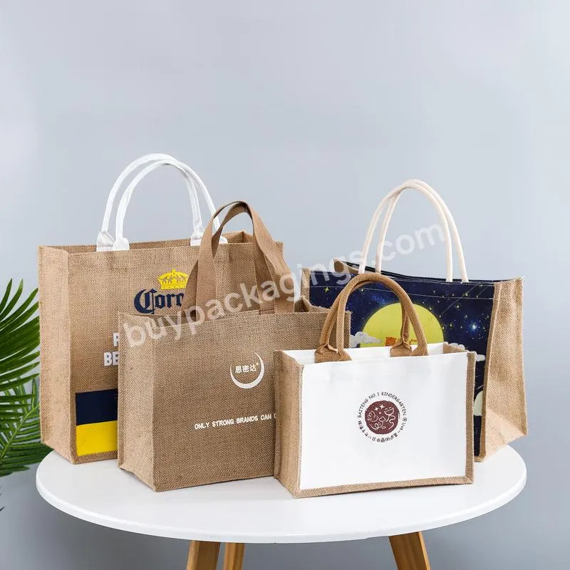 Custom Logo Print Eco Reusable Grocery Women Hand Beach Shopping Tote Jute Bag