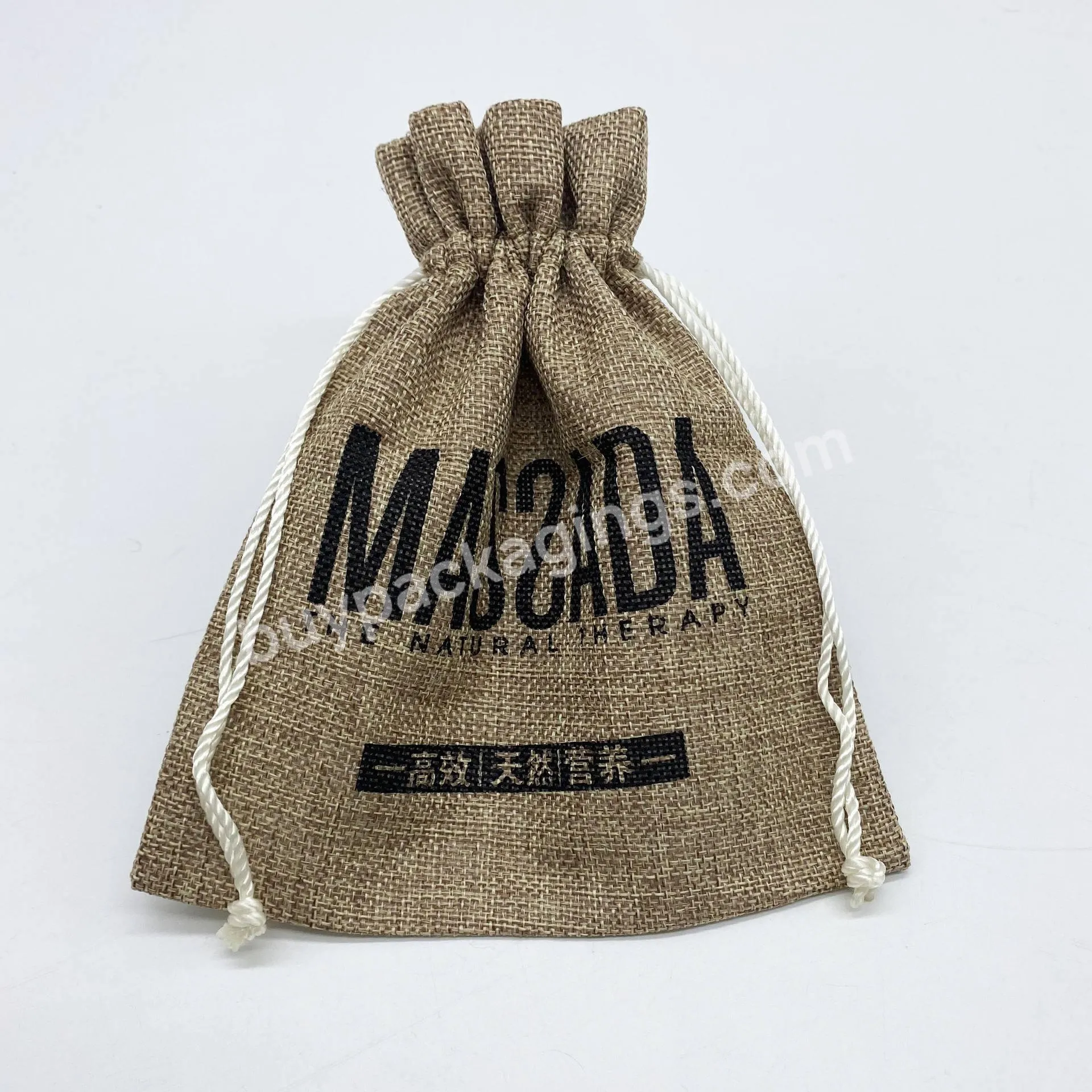 Custom Logo Printed Coffee Christmas Gift Drawstring Jute Gunny Pouch Brown Cotton String Jute Bag