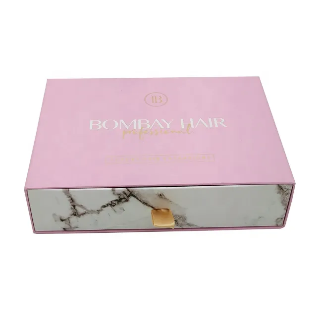 custom logo printed Handmade luxury hair extension packaging box pink marble storage cardboard drawer gift box packaging box