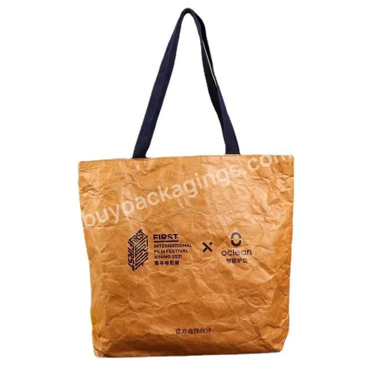 Custom Logo Printed Washable Tyvek Dupont Kraft Paper Shopping Tote Bag Reusable Eco Friendly Brown Tyvek Paper Bag With Lining