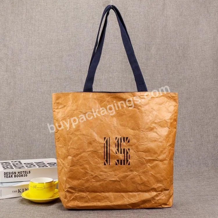 Custom Logo Printed Washable Tyvek Dupont Kraft Paper Shopping Tote Bag Reusable Eco Friendly Brown Tyvek Paper Bag With Lining