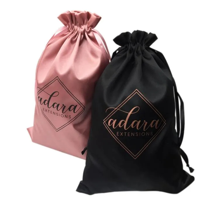 Custom logo silk satin bags hair,hair extension bags