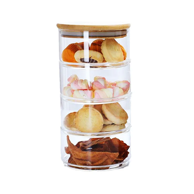 Custom Logo Transparent Food Container Glass Storage Canister With Bamboo Press Lids