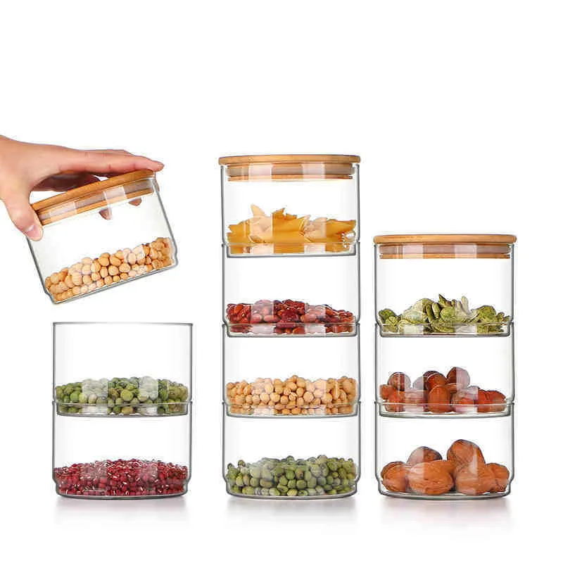 Custom Logo Transparent Food Container Glass Storage Canister With Bamboo Press Lids