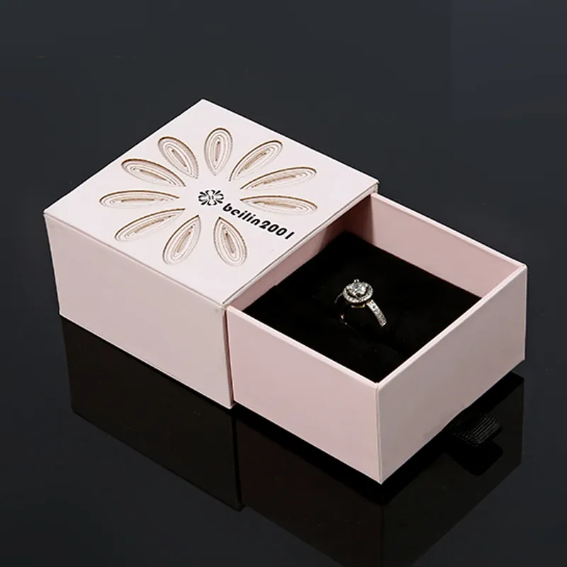 Custom Luxury cardboard drawer slide velvet ring necklace  packaging jewelry box  with logo