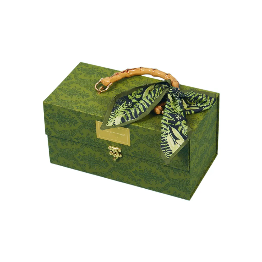 Custom Luxury Fancy Design Rigid Paper Cardboard Gift Packaging Paper Suitcase Box With Wooden Handle