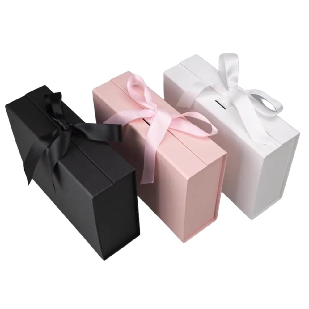 Custom Luxury White Pink Blue Green Magnet Flap Clothing Paper Box Flip Top Gift Boxes with  Ribbon Closure