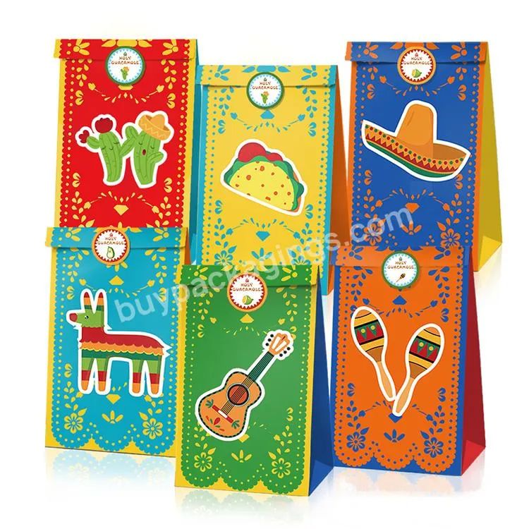 Custom Mexican Kraft Paper Birthday Party Candy Goodie Gift Treat Bags Packaging With Sticker