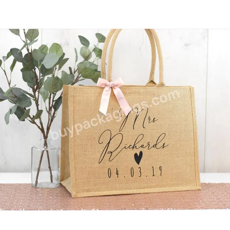 Custom Print Wholesale Standard Size Eco Organic Natural Souvenir Luxury Wedding Jute Fabric Tote Bag For Gift With