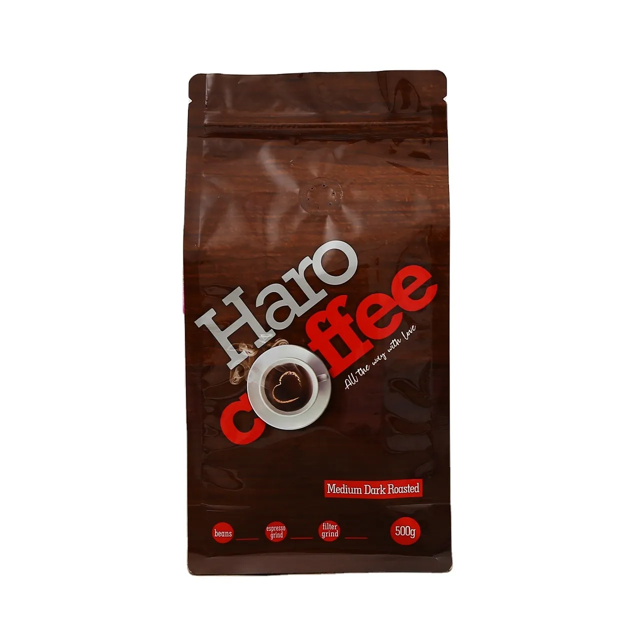 Custom Printed 250g 500g 1kg Kraft Flat Bottom Pouch With Valve And Zipper For Coffee Bean/tea Packaging