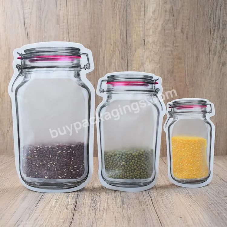 Custom Reusable Mason Jar Bottle Shape Transparent Plastic Cookies Zipper Bag Ziplock Pouch
