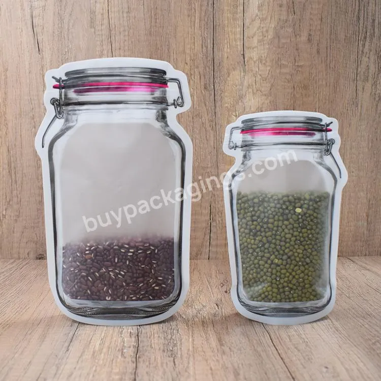 Custom Reusable Mason Jar Bottle Shape Transparent Plastic Cookies Zipper Bag Ziplock Pouch