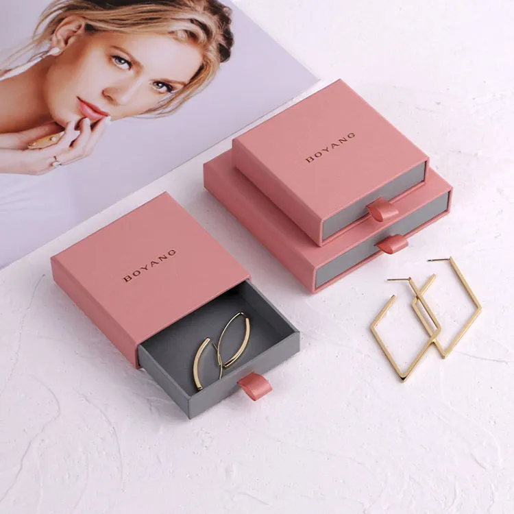 Custom Small Cardboard Paper Drawer Earring Jewelry Box and Pouch Shipping Packaging Pink Ring Box Luxury