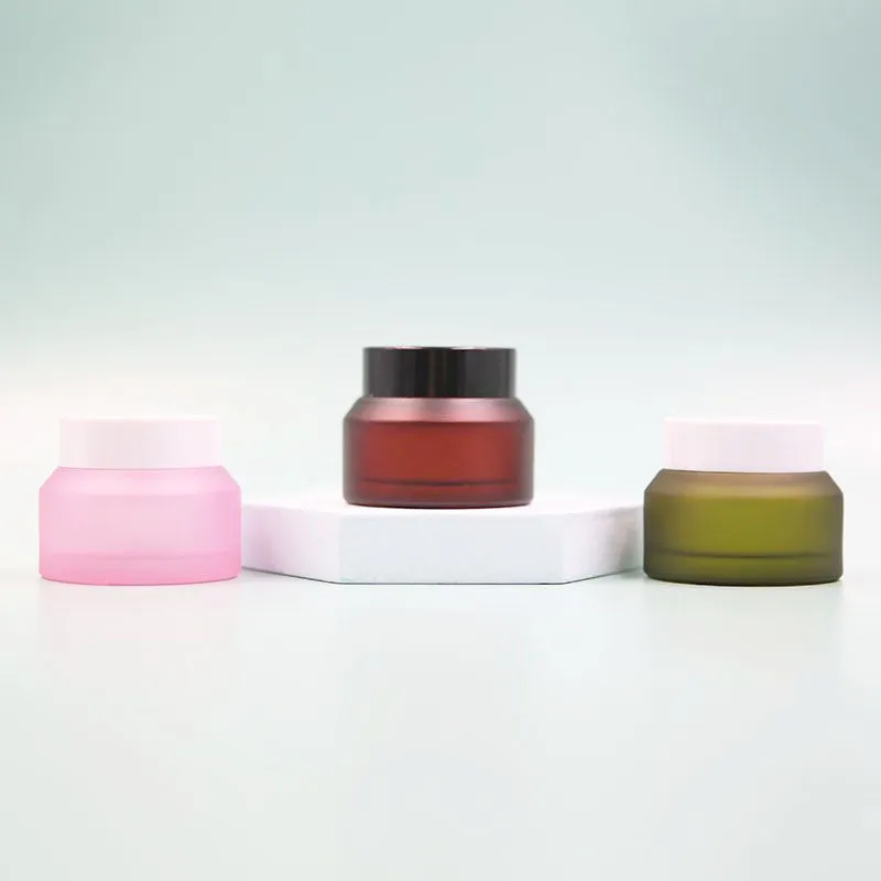 Custom Style Cosmetic Package Frosted Multi Color Glass Face Cream Jar With Plastic Lids