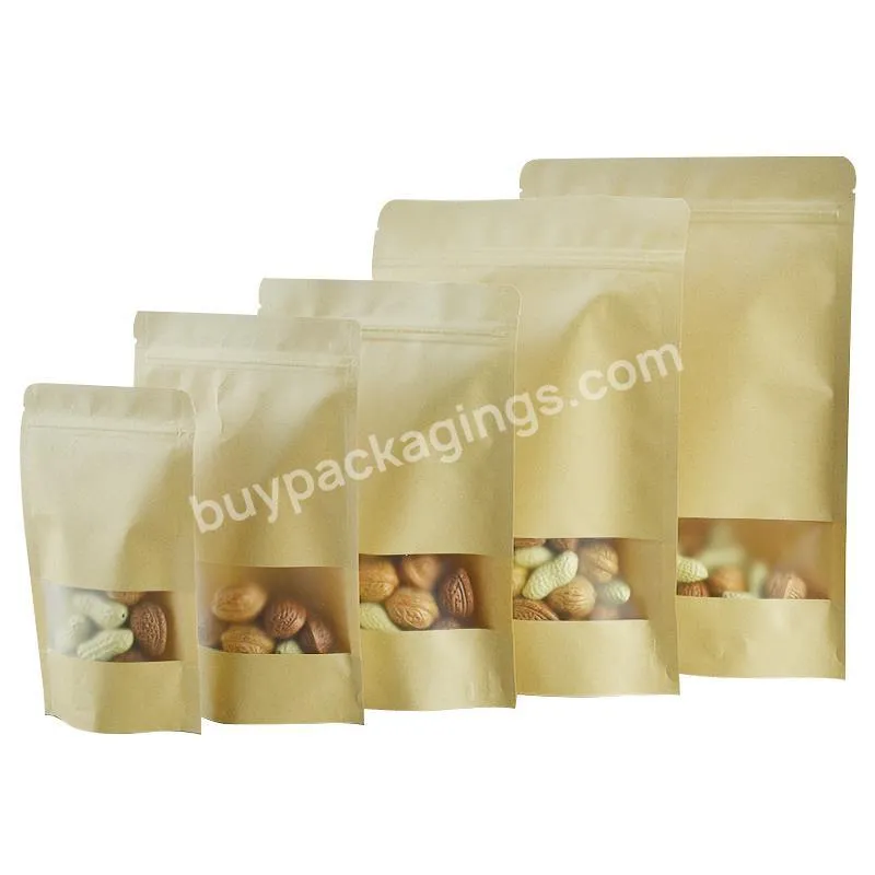 Customized Brown Kraft Paper Stand Up Pouch With Zip Lock And Window For Food Packaging Bags