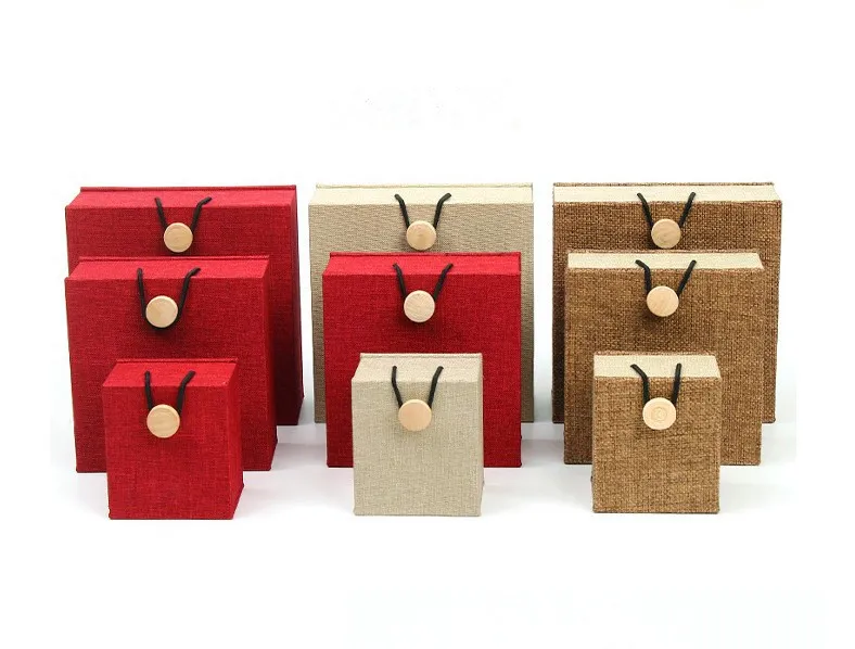 Customized Elegant Small Linen Cardboard Jewelry Box Packaging with Logo and Wooden Button