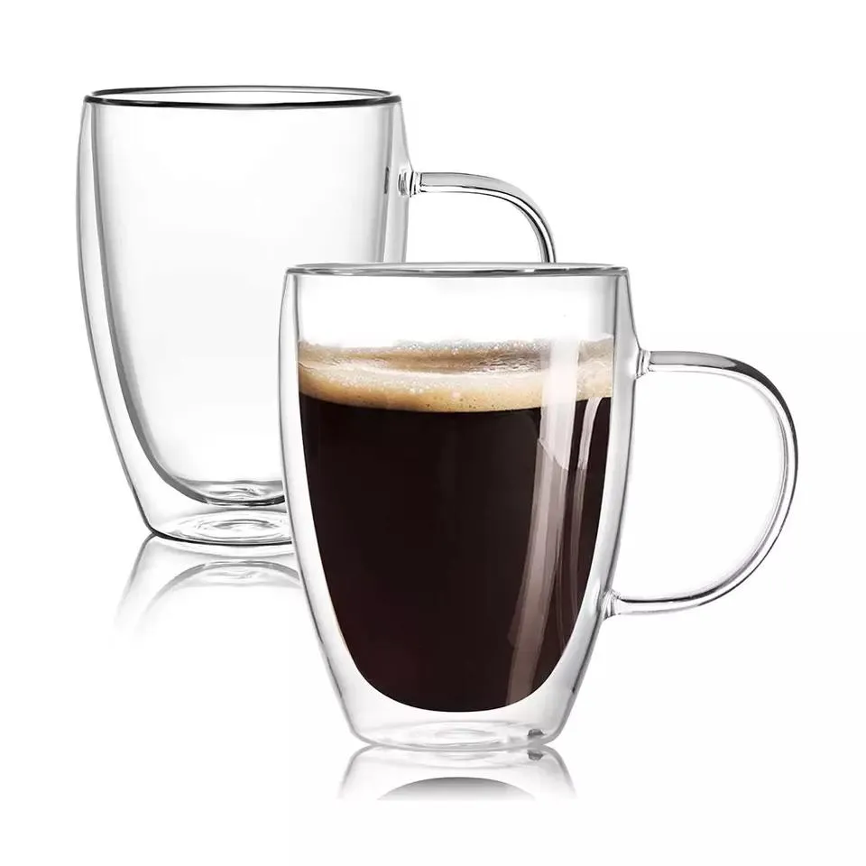 Customized Logo Clear Borosilicate Insulated Double Wall Glass Mugs With Handle