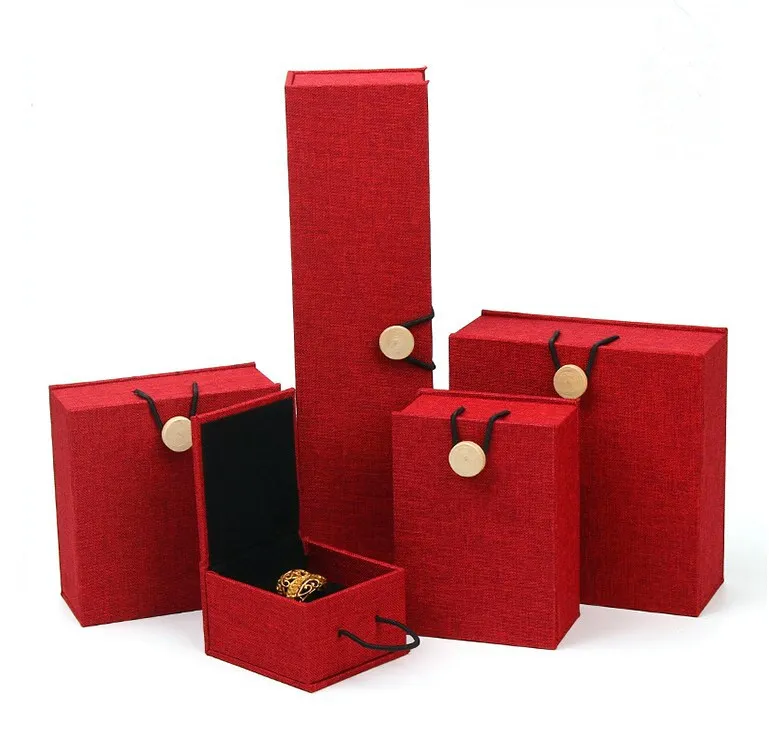 Customized Logo Elegant Red Cardboard Jewellery Gift Box Linen Jewelry Box Paper Packaging for Ring Pendant Bracelet Necklace