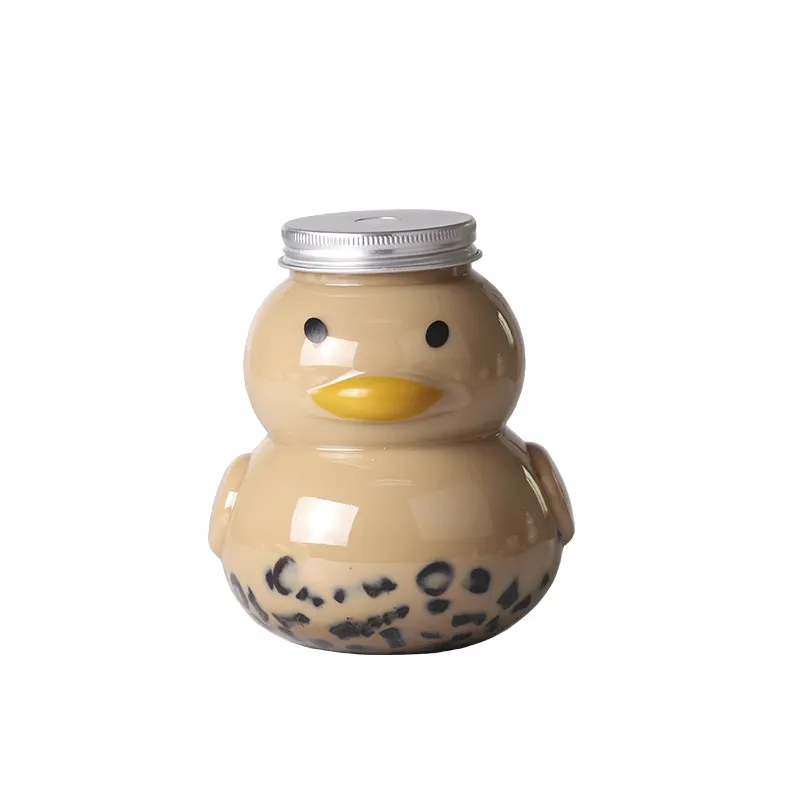 Customized Logo PET Materials Cartoon Small Yellow Duck Shape Beverage  Disposable Juice Plastic Bottle