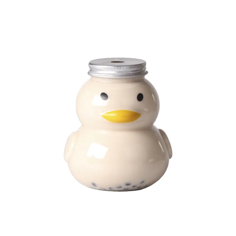 Customized Logo PET Materials Cartoon Small Yellow Duck Shape Beverage  Disposable Juice Plastic Bottle