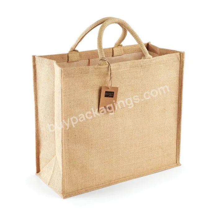 Customized Logo Printing Heavy Duty Cotton Handle Standard Size Jute Bag Tote