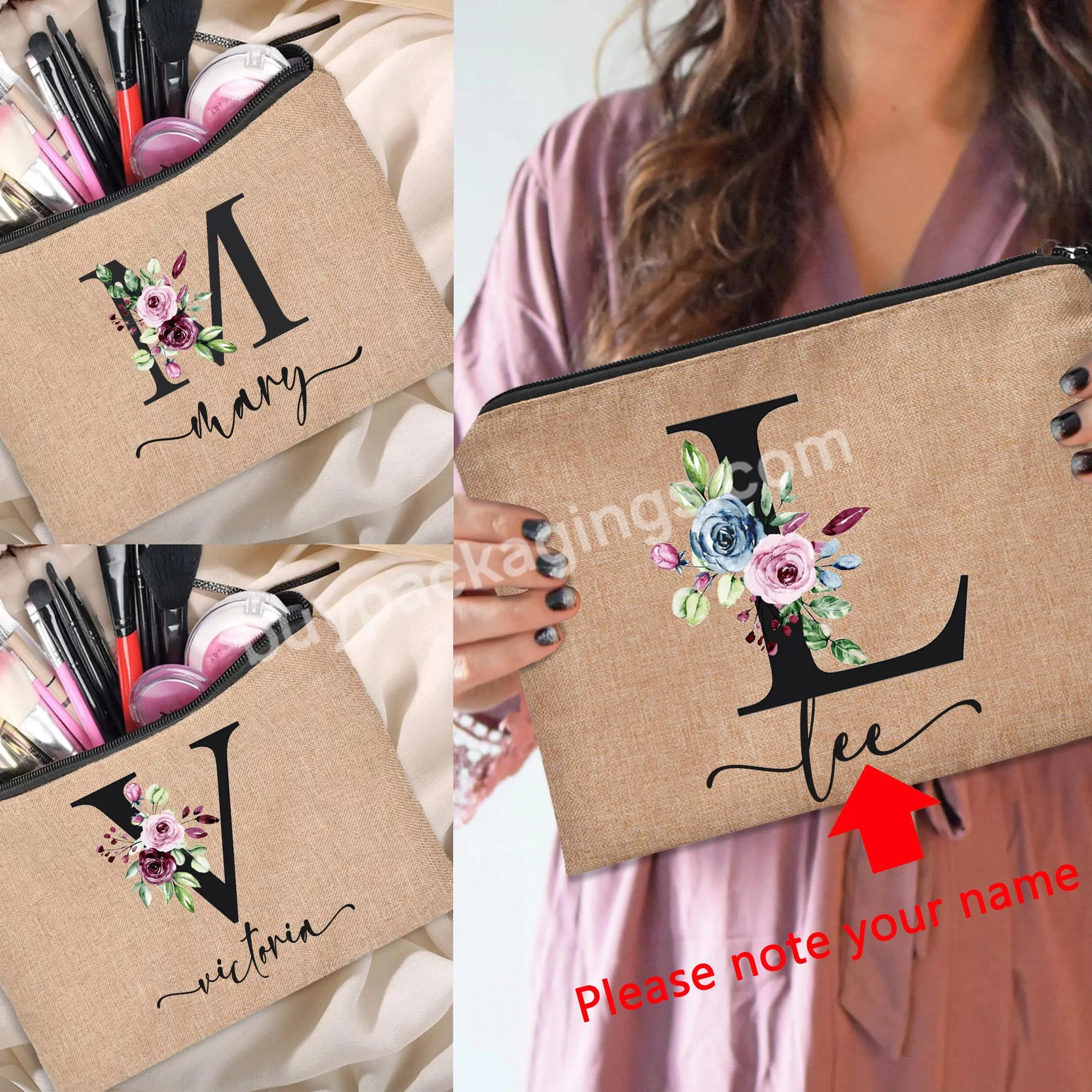 Customized Personalized Name Linen Cosmetic Bag Bridesmaid Outdoor Travel Zipper Beauty Makeup Bag - Buy Custom Makeup Bag,Beauty Makeup Bag,Custom Logo Cosmetic Bag Private Label Custom Makeup Bag.