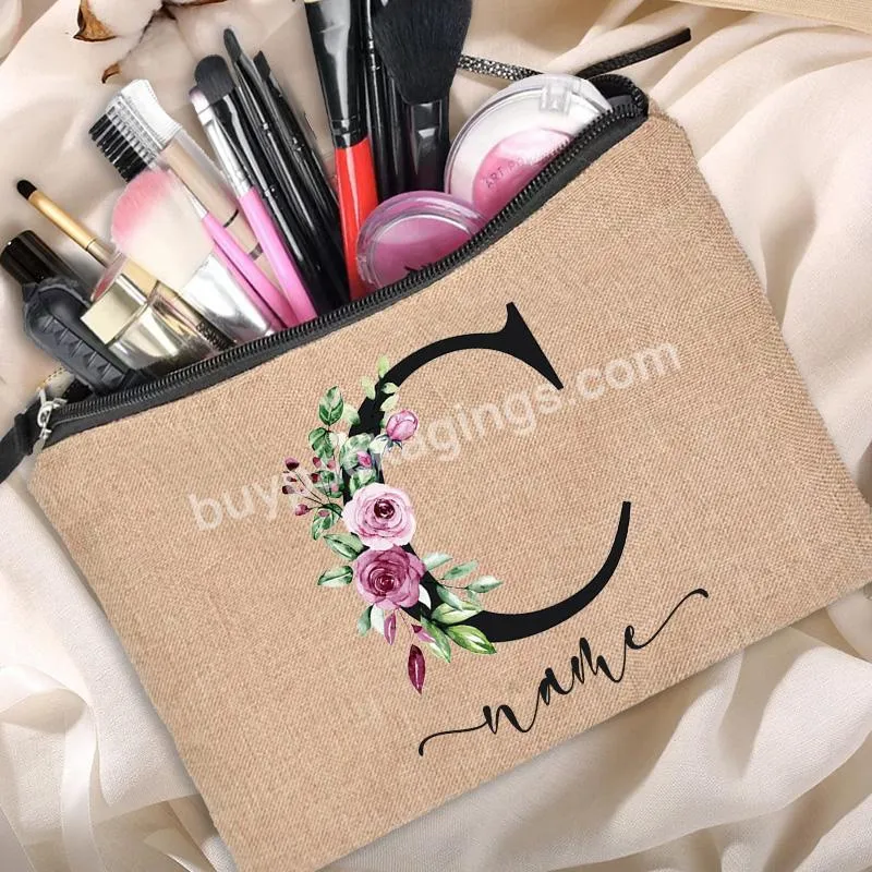 Customized Personalized Name Linen Cosmetic Bag Bridesmaid Outdoor Travel Zipper Beauty Makeup Bag