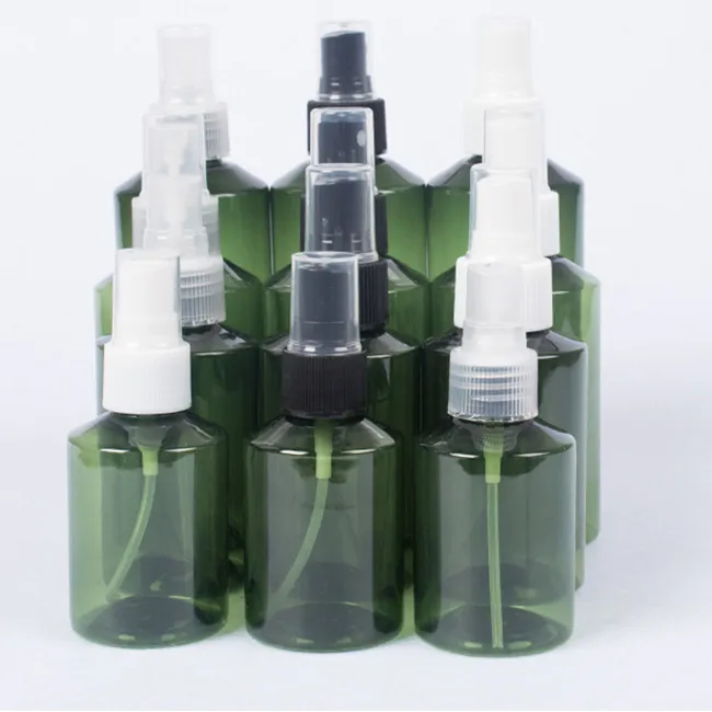 Customized Press Head  50ml 200ml Dark Green Color Slant Shoulder Cosmetics Packaging  PET Spray Bottle