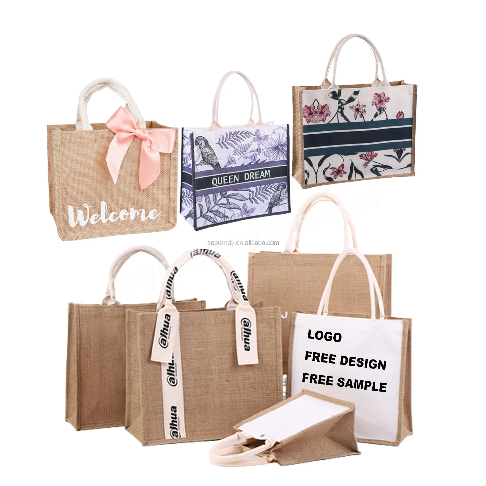 Customized Printing Canvas Burlap Jute Shopping Grocery Tote Large Bags With Custom Printed Logo