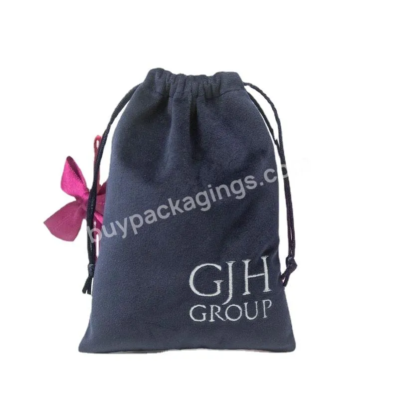 Customized Style Dark Blue Gift Bags Velvet Cosmetic Container Drawstring Bag With Logo