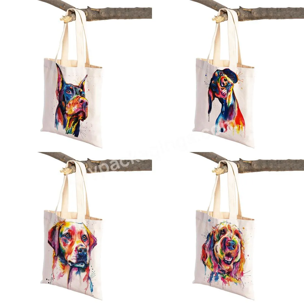 Cute Cartoon Pet Dog Eco Shopping Bag Women Canvas Tote Handbag Reusable Watercolor Animal Lady Shopper Shoulder Bags