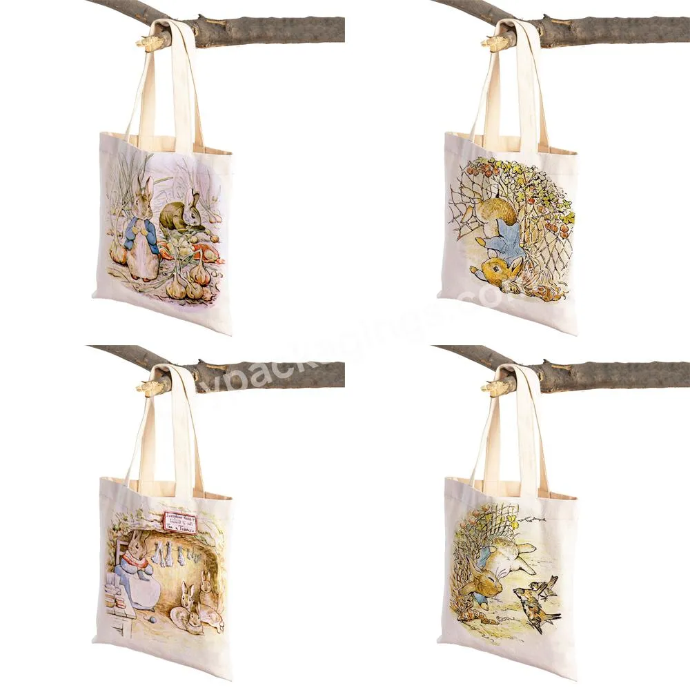 Cute Cartoon Rabbit Children Tote Handbag Reusable Fashion Bunny Animal Double Print Casual Canvas Cloth Shopping Shoulder Bag