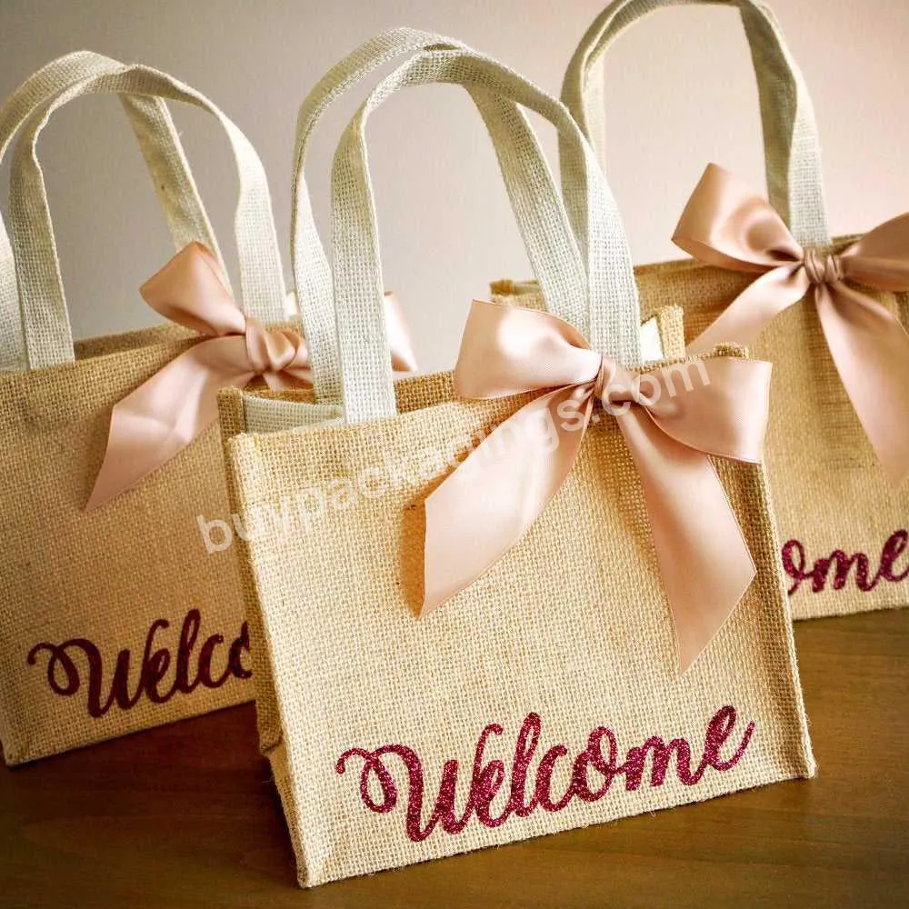 Eco Friendly Custom Logo Jute Shopping Bags Hotel Welcome Burlap Wedding Guest Gift Bag