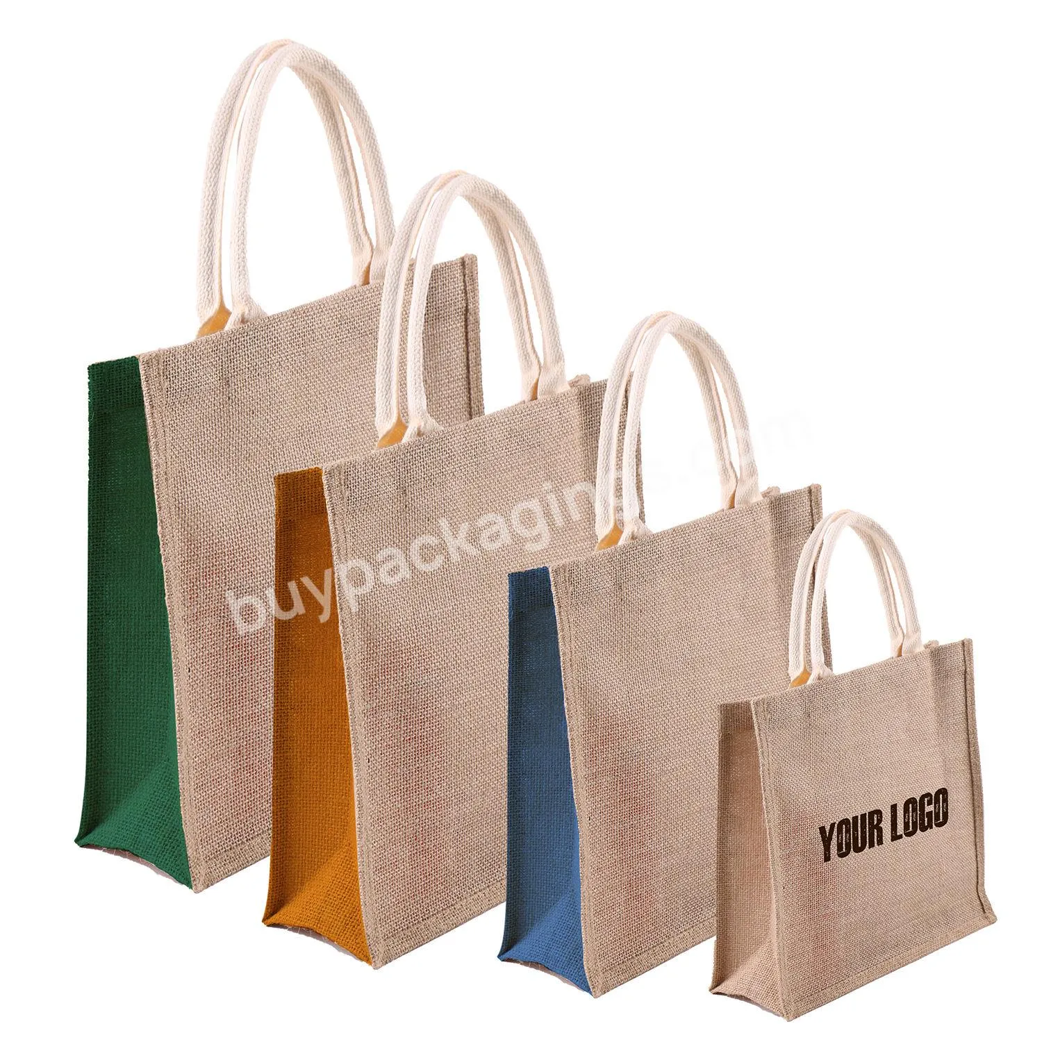 Eco Friendly Green Pe Lamination Burlap Grocery Foldable Reusable Tote Shopping Bags Sac En Jute Bag With Custom Logo Colorful