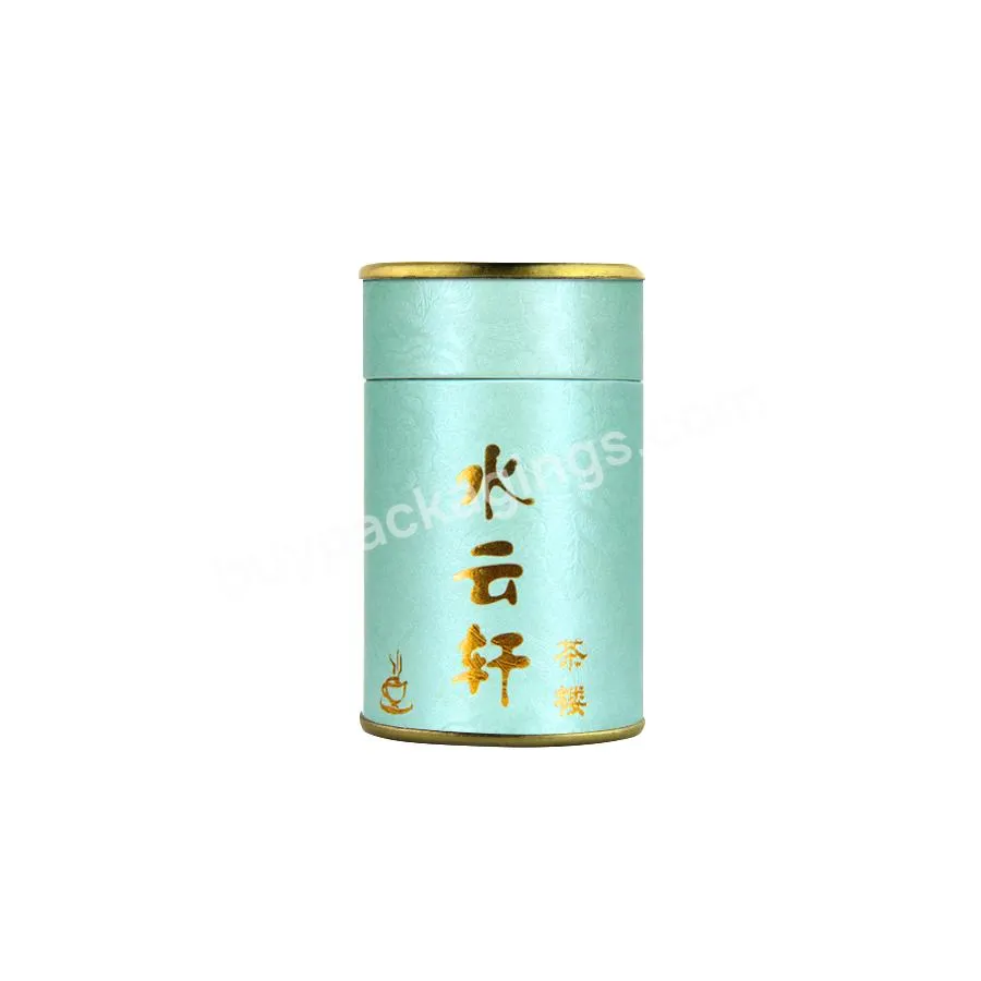 Eco Friendly Tea Package Green Gold Stamping Paper Tube With Metal Lid