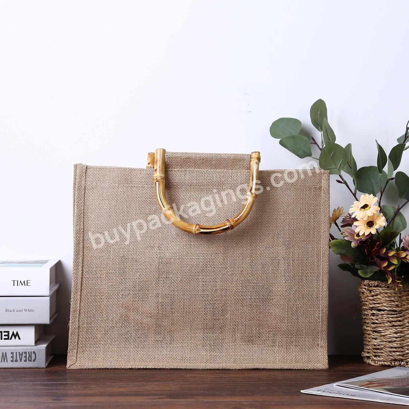 Eco Friendly Tote Bag Portable Burlap Jute Shopping Bag Handbag Bamboo Loop Handles Tote Retro Women Shopping Shoulder Bag