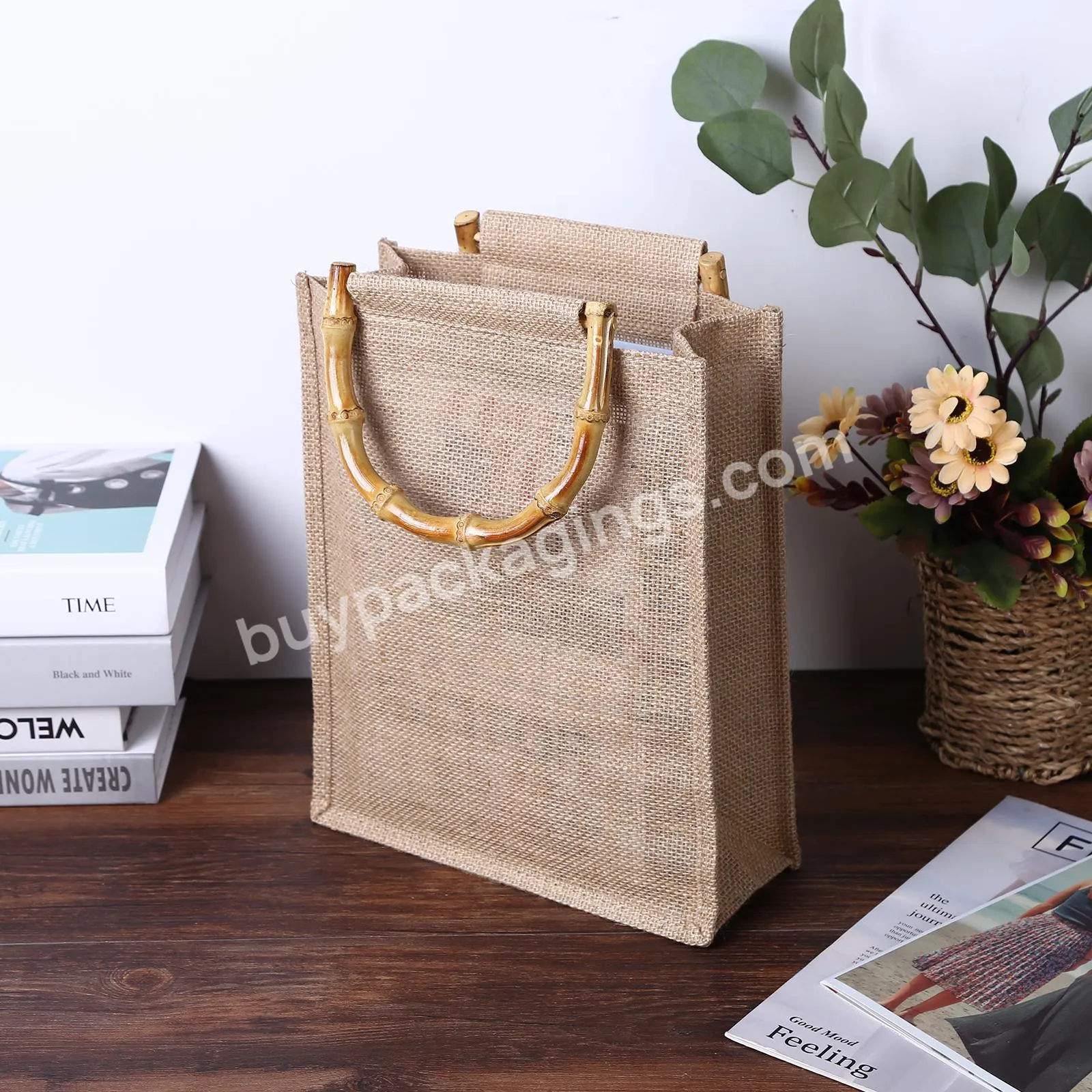 Eco Friendly Tote Bag Portable Burlap Jute Shopping Bag Handbag Bamboo Loop Handles Tote Retro Women Shopping Shoulder Bag