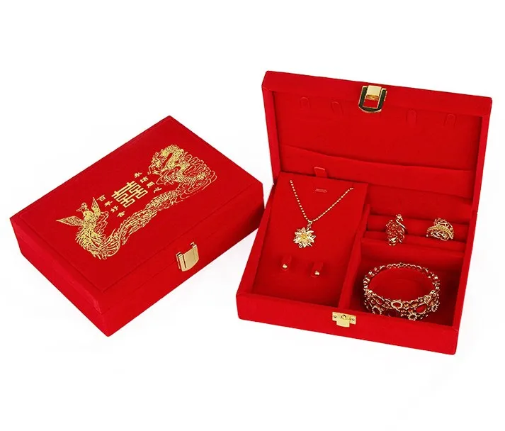 Elegant Vintage MDF Wood and Chinese Red Velour Jewelry Box Gift Package for Wedding
