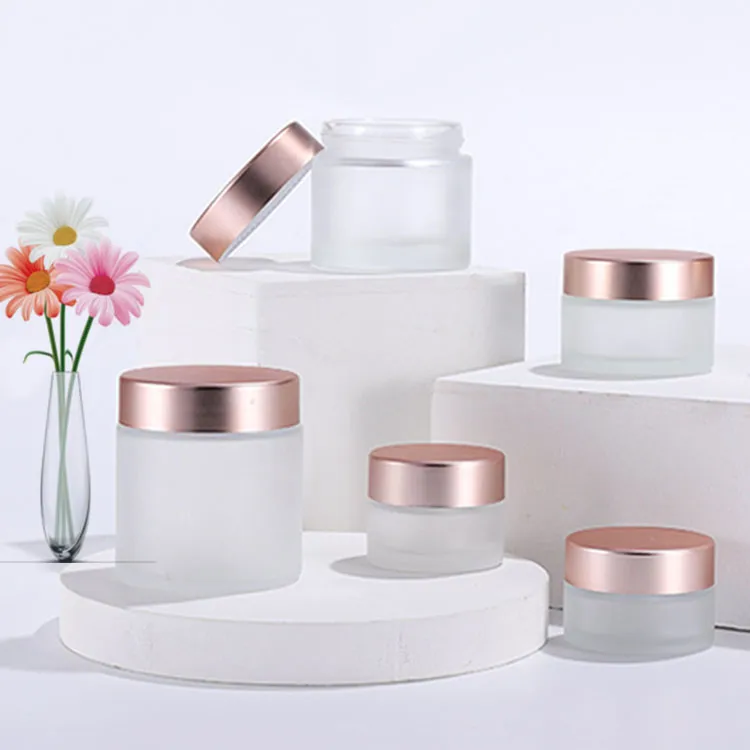 Empty Luxury 5g 10g 20g 30g 50g 100g Flat Frosted Glass Skin Care Eye Face Cream Cosmetic Jar Bottle With Aluminium Rose cap