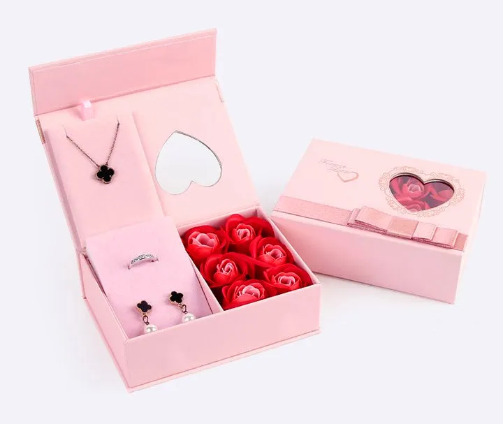 Exquisite Magnetic Cardboard Preserved Rose Jewelry Box Pink Paper Jewelry Box Packaging with PVC Window