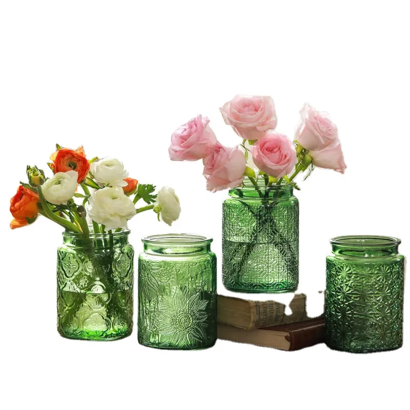 Factory Direct Sale Colored Fresh Dry Flowers Arrangement Living Room Decoration Relief Pattern Glass Bottles