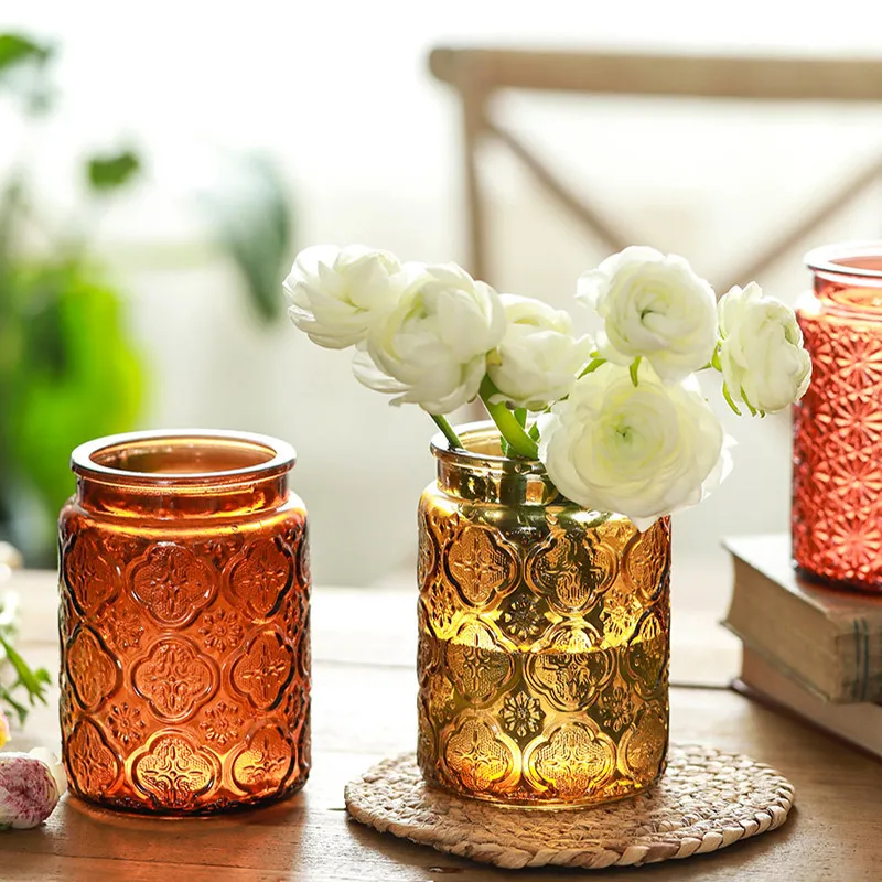 Factory Direct Sale Colored Fresh Dry Flowers Arrangement Living Room Decoration Relief Pattern Glass Bottles