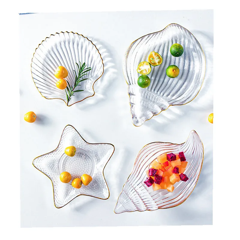 Factory Direct Sale Creative Ocean Style Gold Border Clear Texture  Dessert Cheap Price Glass Material Plate