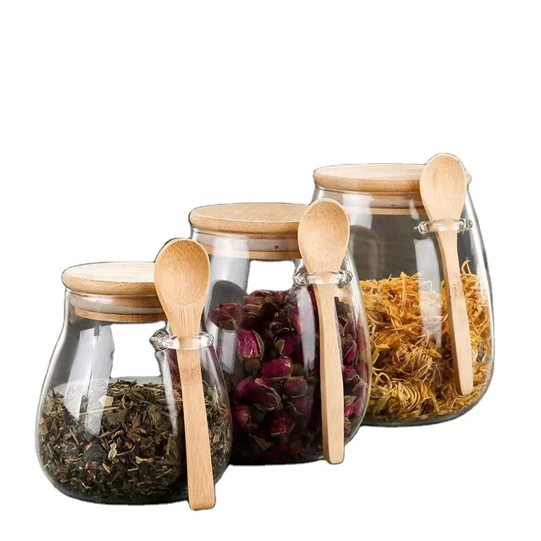 Factory Direct Sale  Good Seal Performance Food Grade Wooden Cover with Spoon Food Storage Glass Jar