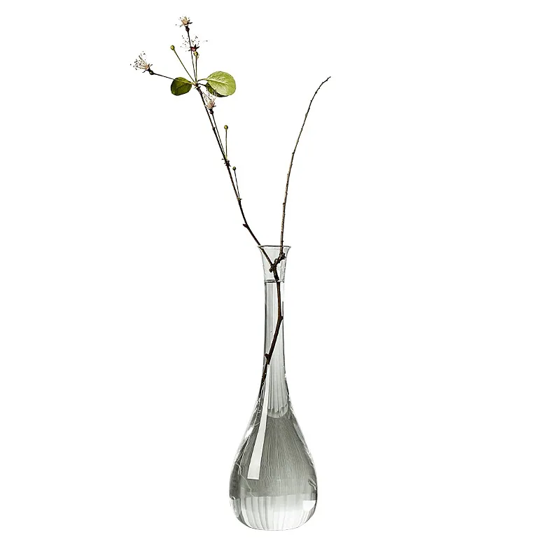 Factory Direct Sales Desktop  Decorations Transparent Stripe Flowers Fine Mouth Glass Material Plant Vase