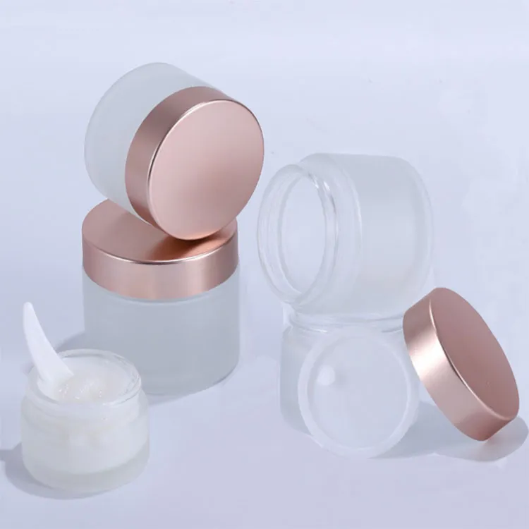 Factory manufacture 4oz 2oz cosmetics bottles and jars set rose lid glass frosted jar facial cream jar