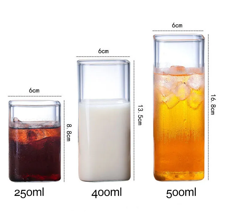 Factory Provided Custom Logo Glass Square Cup-Glass 250ml 400ml 500ml Square Shaped Glass Cups For Drinking