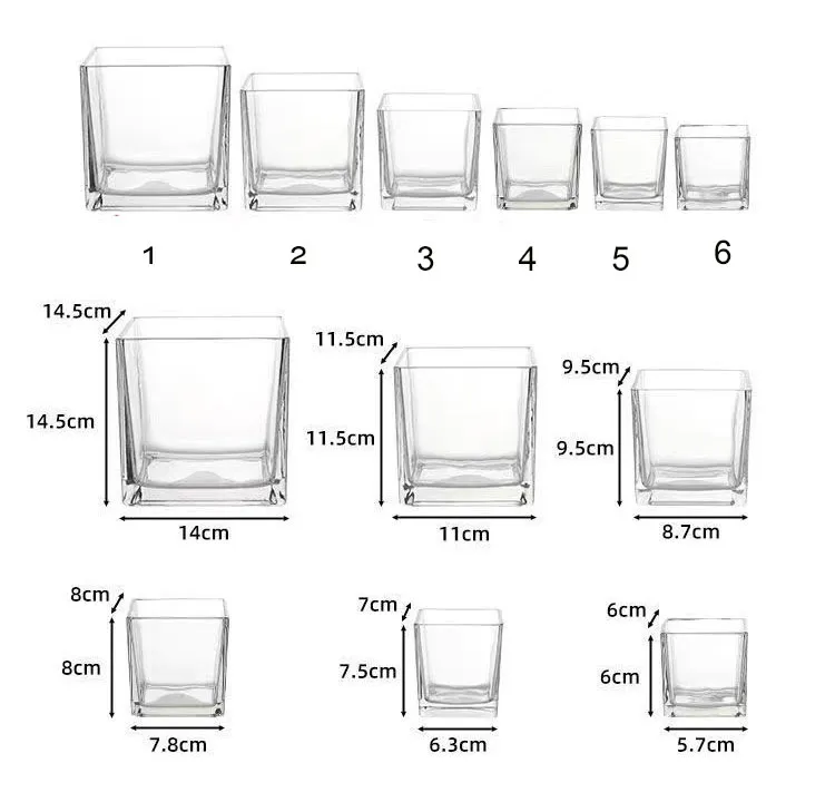 Factory Supplies Multi Size Cheap Tall Home Square Shaped Home Decorations Clear Flower Glass Vase